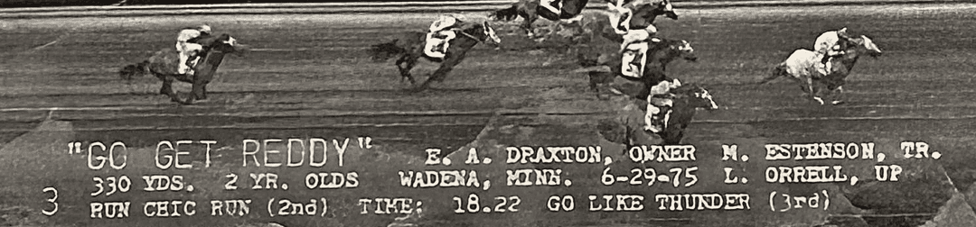 A 1975 photo-finish strip. The typed caption reads: Go Get Reddy, E. A. Draxton owner, M. Estenson trainer, 330 yards, 2 year olds, Wadena Minnesota, 6-29-75, L. Orrell up. Run Chic Run second, Go Like Thunder third, time 18.22.