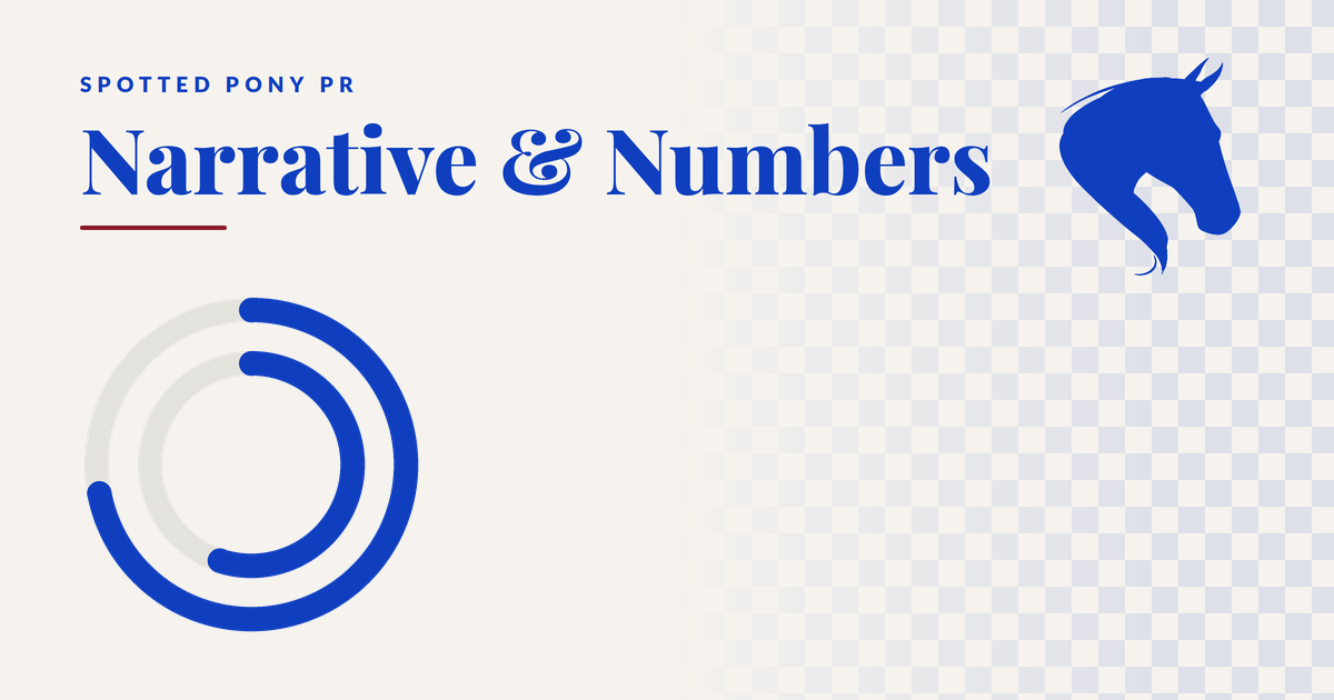 Narrative & Numbers masthead: the Spotted Pony PR horse mark in cobalt beside two concentric progress rings.
